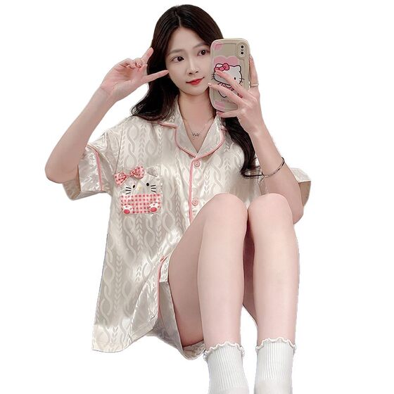 Ice Silk Pajamas Women's Summer Thin Japanese Style Cute Cartoon Cardigan Short Sleeve Shorts Loose Summer Home Clothes suit