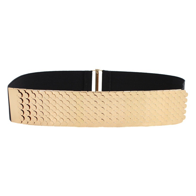 Correa decorativa de metal elástico de la cintura sello de moda de las mujeres patrón de escala de pescado elástico cinturón ancho con vestido de todo fósforo