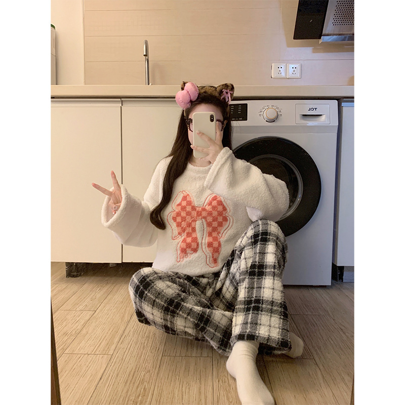 甜美可爱大眼睛软绵绵睡衣女秋冬季加厚保暖半边绒家居服休闲套装|undefined