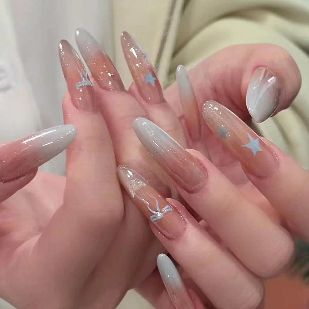 Dream Sparkle Gradiente Nail Art 10 piezas de parche de uñas postizas de ojo de gato con sentido de la atmósfera Armadura larga hecha a mano