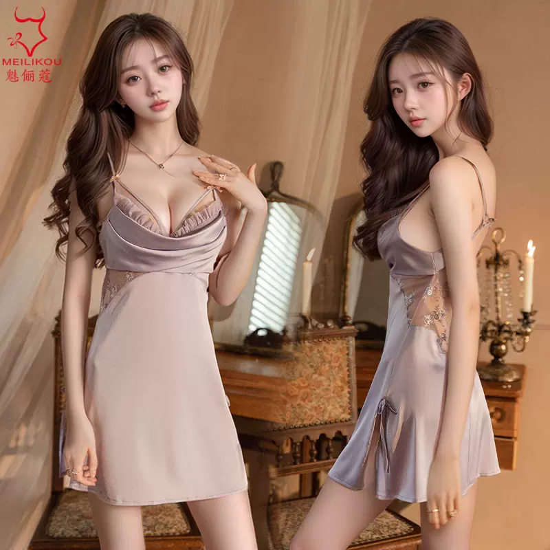 缎面睡衣女法式情趣睡裙蕾丝边镂空露背睡袍诱惑吊带裙家居服1850