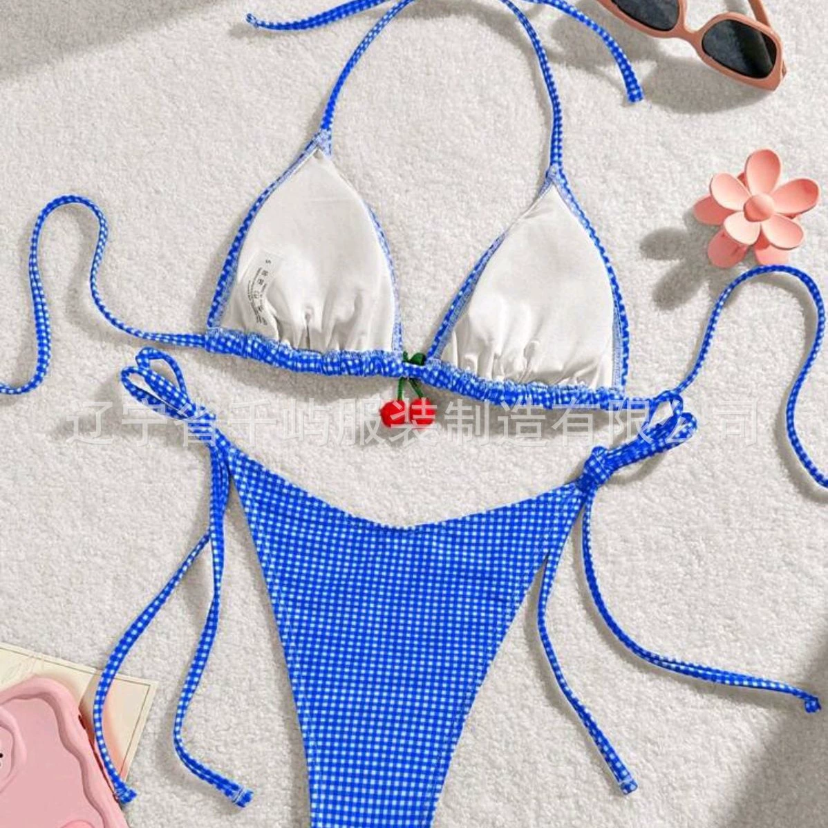 Сексуальный купальник Wish Brand на двоих с бантами - красно-сине-гладкий двухслойный набор из топа и низу, двухчастный купальник