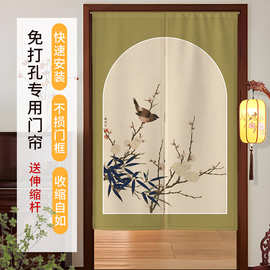 中式门帘布艺古典竹子花鸟荷花布帘餐厅包间卫生间风水玄关隔断帘