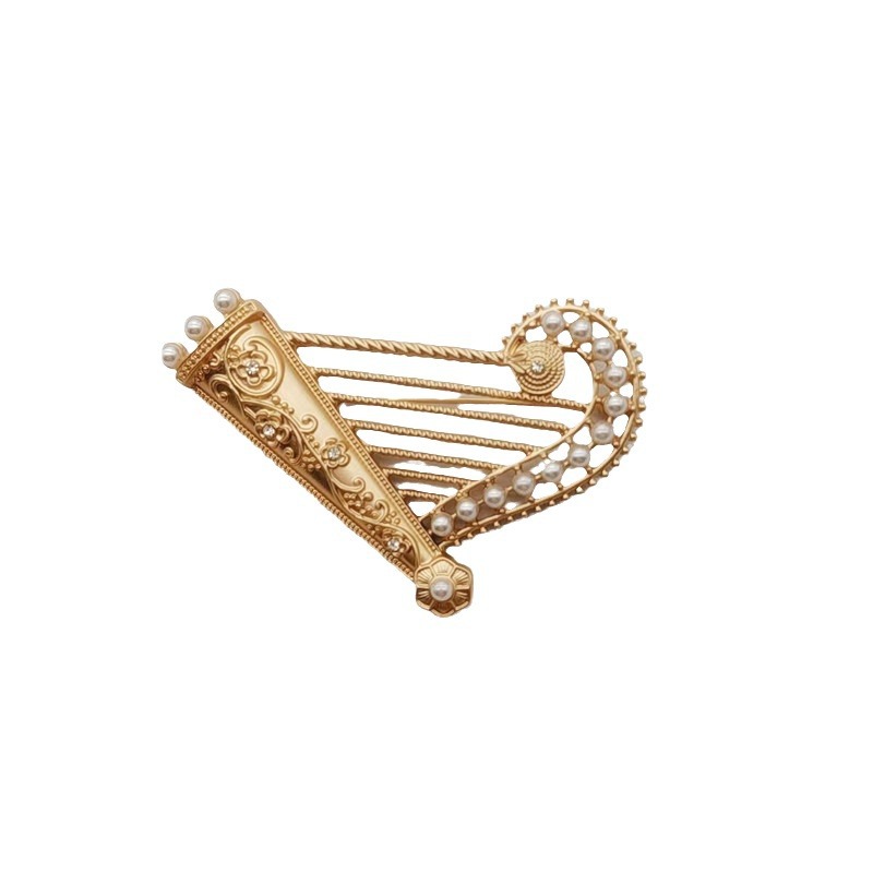 Vintage guld harpa brosch med pärla och strass för kvinnor_voghion.com