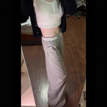 线条艺术家法式优雅蕾丝拼接条纹直筒休闲裤女夏阔腿裤子