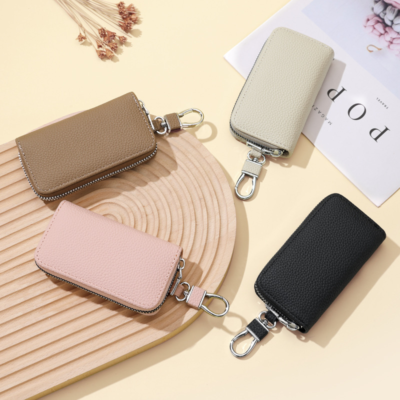 Bolsa de llaves de automóviles domésticos litchi de gran capacidad para hombres y mujeres, bolsa de llaves con cremallera de cintura