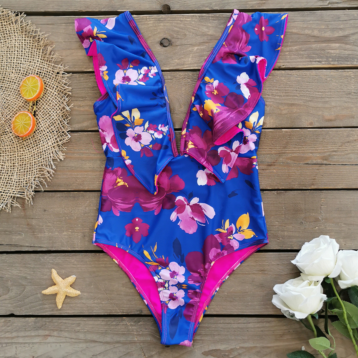 291g Weight Sleeveless Sleeve Length Polyester Fabric Type Short Top Length One-pieces Tops Type 1 Piece Quantity Swimming Occasion V Neck Neckline Slim Fit Type Flower Pattern Women's Gender Vacation Style Women's Vacation Flower 1 Piece One Piece Swimwear 21