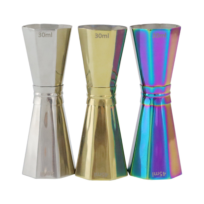 304不锈钢含刻度炫彩八角量酒盎司器七彩量杯jigger外贸跨境调酒