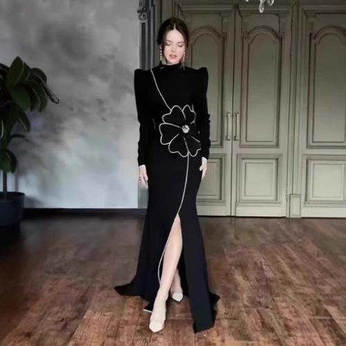 Hot-selling heavy-duty rhinestone three-dimensional flower sequin bandage dress for women, split design, slim-fit evening gown