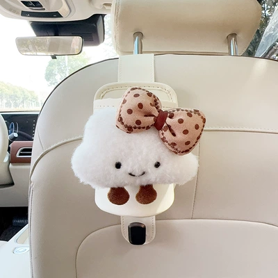 Car cup holder/beverage holder: Hook for Women - off-white-leather-water-cup-holder-with-hook-brown-bow-and-white-clouds