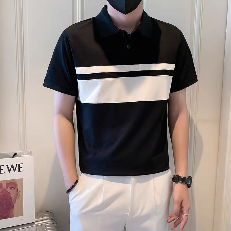 High-End Splicing Polo Shirt for Men in Summer, Handsome Slim-Fitting Clothes, Trendyy Light and Mature Contrasting Color Lapel Short-Sleeved T-Shirts