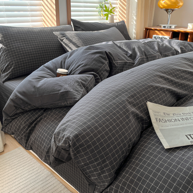 Juego de cuatro piezas de algodón lavado teñido en hilo para estudiantes 2025 nuevo juego de sábanas de edredón de dormitorio de estudiantes de tres piezas