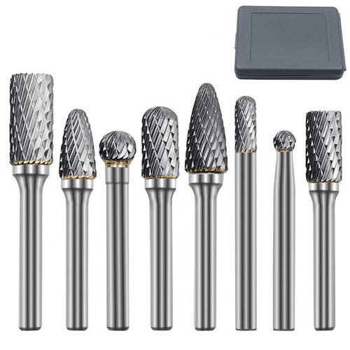 8-Piece Set of Gray Box Dual-Slot Tungsten Carbide Grinding Bits, Portable Milling and Drilling Bits, Hard Alloy Rotating File