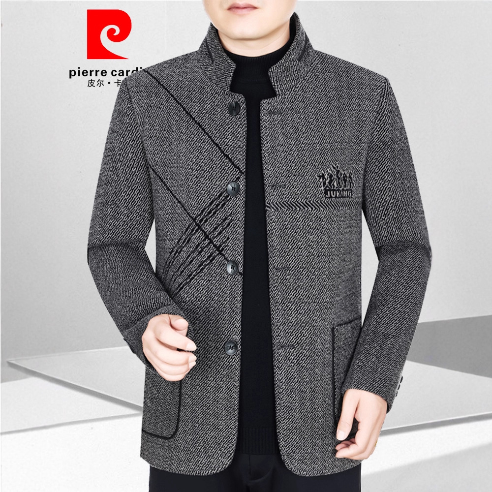 皮尔卡丹春秋新款羊毛呢外套男士休闲宽松百搭夹克中年立领爸爸装
