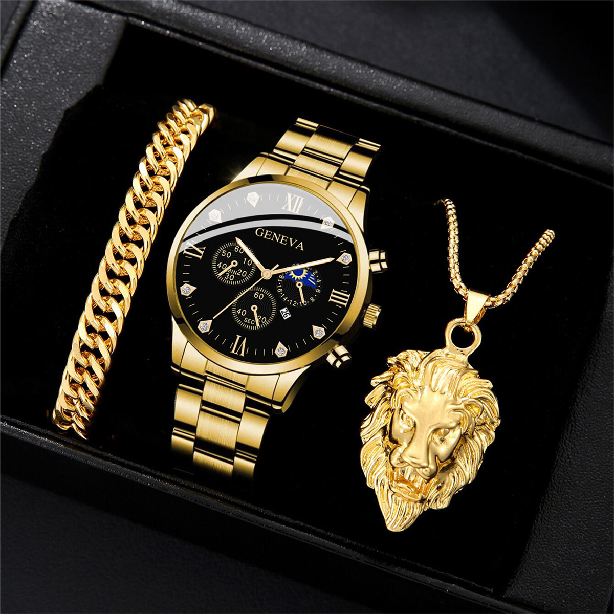 2025 Cross-Border Popular Trendy Business Men's Steel Band Watch Fake Three-Eye Calendar Lion Bracelet Jewelry Set