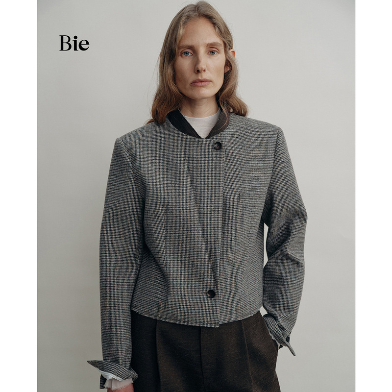 Contrast color baseball collar houndstooth short jacket for women, high-end autumn wool coat with a three-dimensional silhouette Contrast color baseball collar houndstooth short jacket for women, high-end autumn wool coat with a three-dimensional silhouette