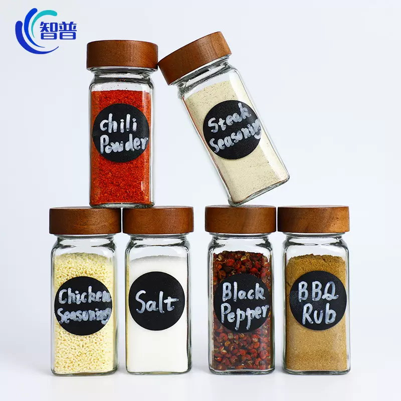 跨境亚马逊热销120ml竹木盖玻璃调料瓶4oz方型调味罐厨房用品盐罐