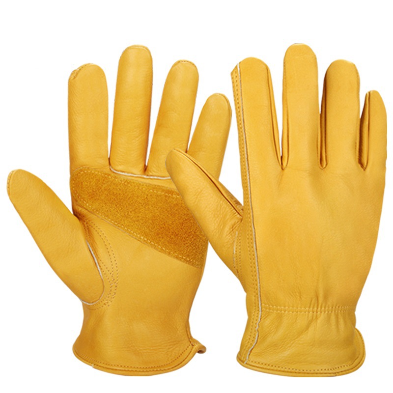 Guantes de jardinería Piel de vaca amarilla resistente a las puñaladas Guantes de trabajo de cuero para conductor de construcción de granja de patio resistente al desgaste