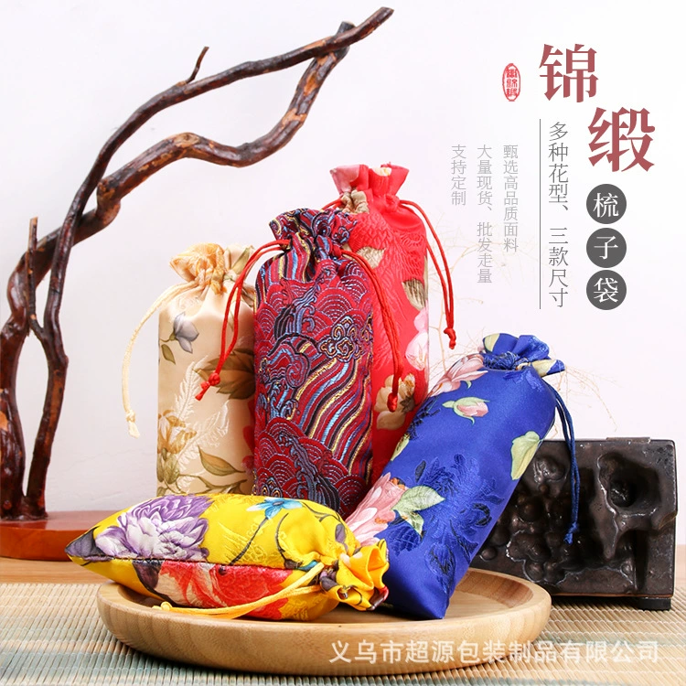 Персиковая деревянная расческа для хранения Карманная маленькая сумка Высококачественная вышитая сумка для ювелирных изделий на шнурке Ретро китайский стиль