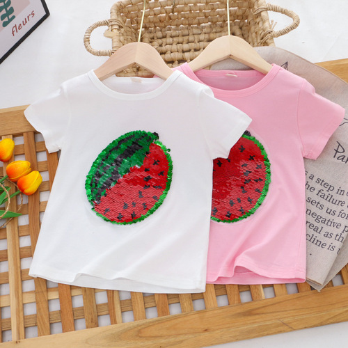 Children's Glitter T-Shirt Watermelon Strawberry Color-Changing Short Sleeve Girls' Top Boys' Half Sleeve Summer Clothing Manufacturer Dropshipping One Piece