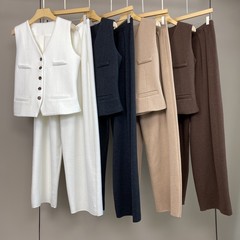 南油竿品2024秋冬新作通勤優雅単列ボタン衝突色カシミヤウール馬甲広脚ズボンセット