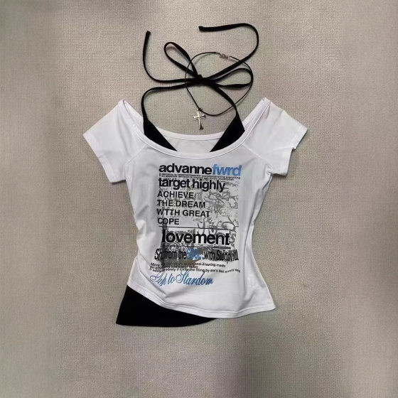 American Retro Vintage Neck Cotton Short-sleeved T-shirt Women's 2025 Summer Design Sweet and Spicy Short Top Trendy