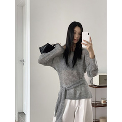 韩版慵懒风圆领长袖针织衫女十三行秋季新款羊毛混纺松弛套头上衣