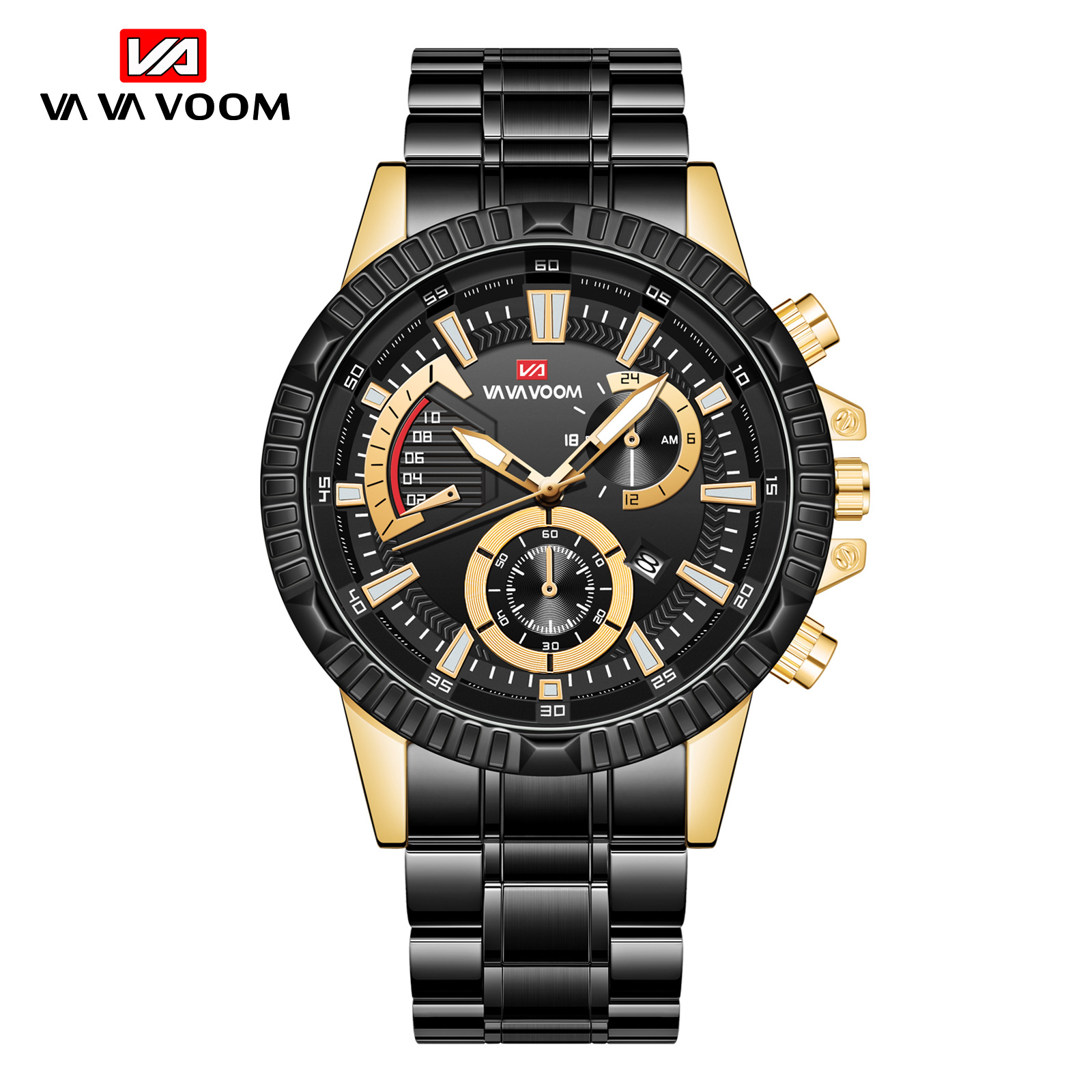 VAVA VOOM 2361 nuevo calendario de negocios casual falso movimiento de cuarzo de tres ojos reloj de correa de acero para hombres