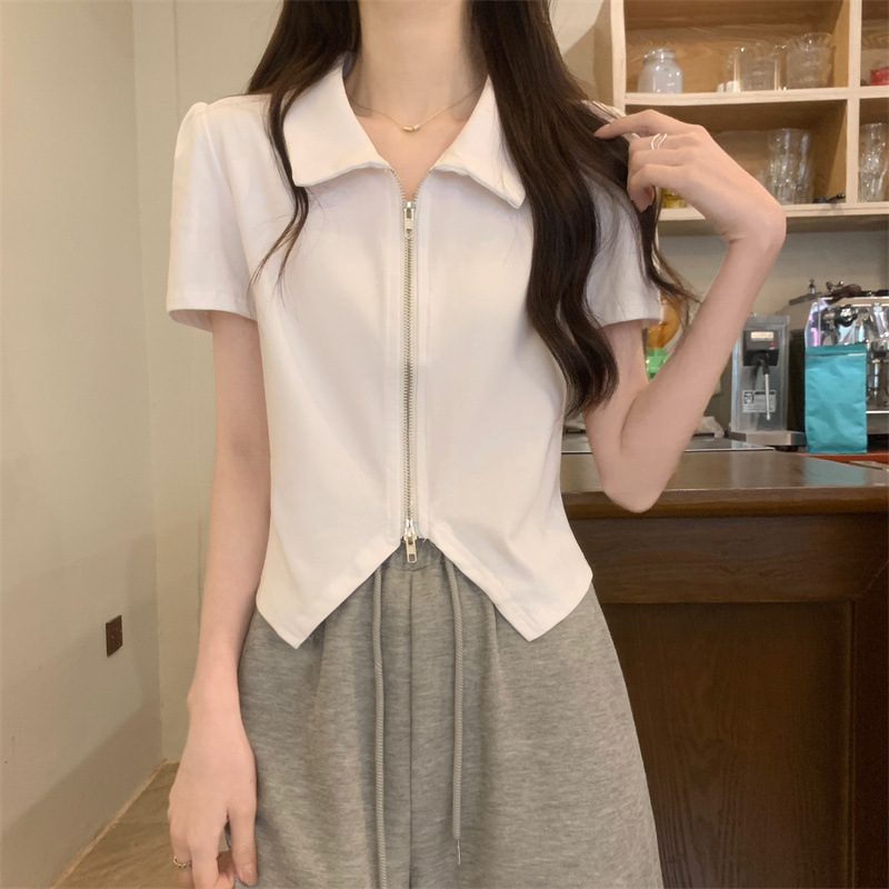 French Style Design Sense POLO Shoulder Short-sleeved T-shirt Women's 2024 Summer New Zipper Half-sleeved Short Small Top