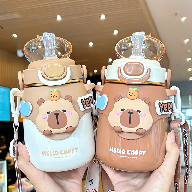 Kapibala Small Belly Thermos Cup Comes with Adjustable Cup Rope for Easy Carrying, Lock Design, Double Drinking Mouth Drinking Cup Kapibala Small Belly Thermos Cup Comes with Adjustable Cup Rope for Easy Carrying, Lock Design, Double Drinking Mouth Drinking Cup
