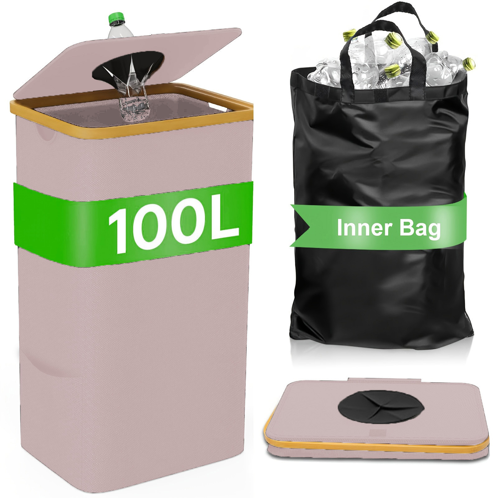 Cesta de almacenamiento de bambú con cubierta desmontable botella reciclada cesta de almacenamiento basura cocina casera reciclaje plegable