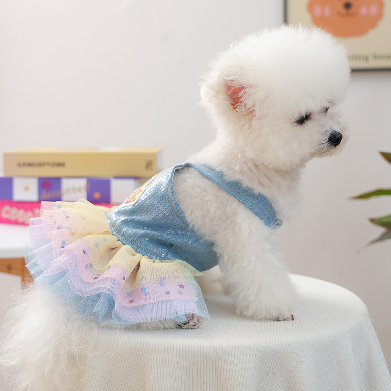 宠物圈厂家批发狗狗猫猫服装服饰刺绣牛仔蓬蓬裙新款彩虹皇冠纱裙|undefined
