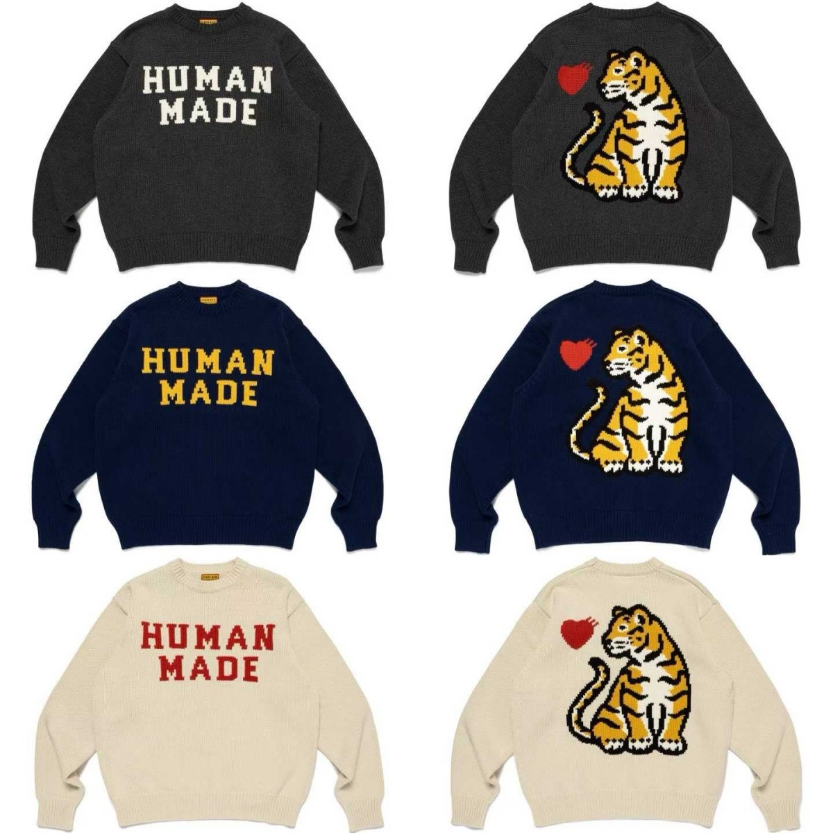 In-Stock Hm Japanese Fashion Brand Human Retro Tiger Embroidery Knit Sweater Autumn and Winter Couple's Round Neck Sweater Top for Women