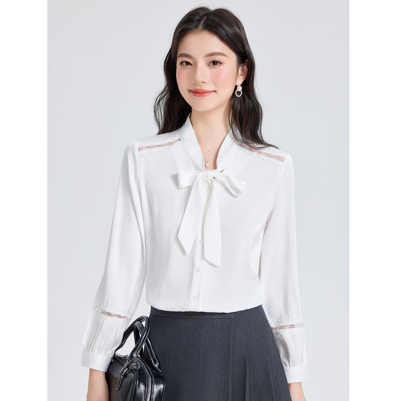White Long-Sleeved Shirt for Women, New Spring Style, Chiffon Lace, Bow Tie, High-End Suit, Interview Shirt