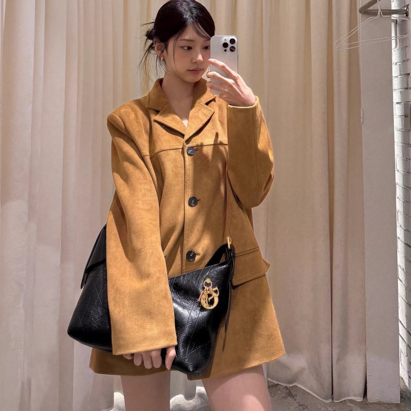 韩国ins秋冬新品美式复古咖色鹿皮绒西装外套美拉德长袖西服女|undefined