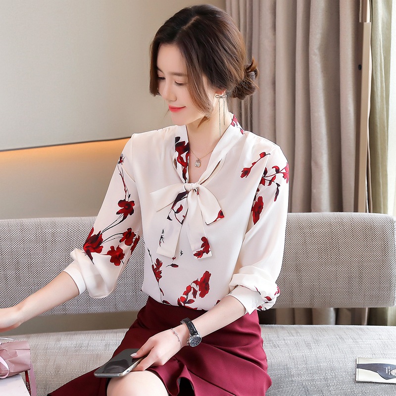 2021春季新品女装时尚蝴蝶结领韩版印花宽松雪纺衫女长袖衬衫|ms