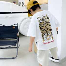 童装男童夏装新款手绘老虎T恤大童儿童休闲百搭短袖上衣潮装上衣
