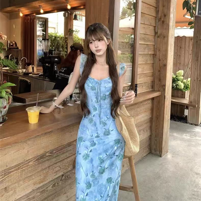 ブルーローズプリントドレス 2025 夏の新甘い痩身休暇スタイルノースリーブミッドレングススカート女性のための|undefined