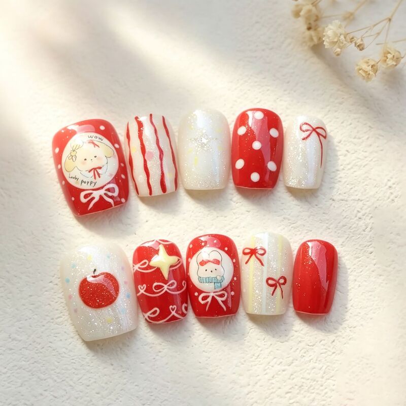 Autumn and winter wear, cute little rabbit design, shimmering cat-eye effect, ultra-short finished nail tips, Instagram-style, gold-plated fake nails, wholesale