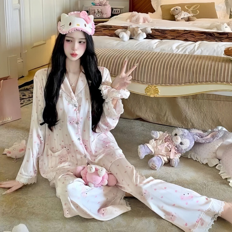 26 Spring and Autumn Sanrio Melody Ice Silk Pajamas for Women Pink Ice Silk Lace Loose Four-Piece Homewear Set 26 Spring and Autumn Sanrio Melody Ice Silk Pajamas for Women Pink Ice Silk Lace Loose Four-Piece Homewear Set