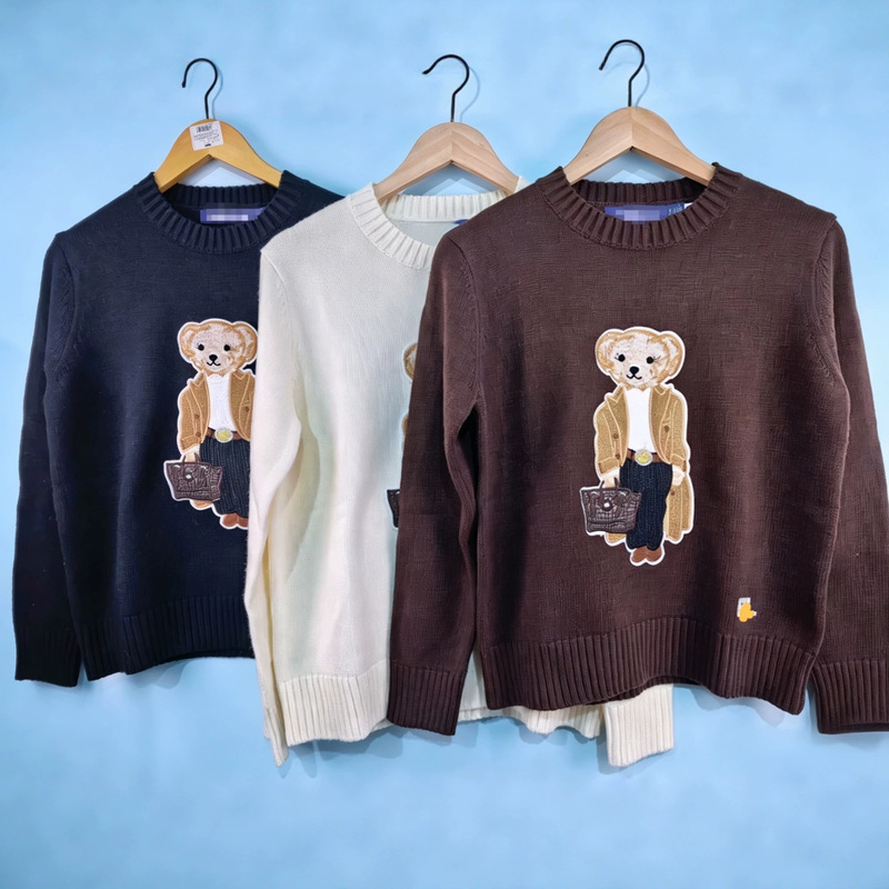 High-Quality, Scannable, Autumn and Winter Wool and Cashmere Round-Neck Knitted Long-Sleeve Loose-Fitting Age-Reducing Embroidered Bear Cartoon Sweater
