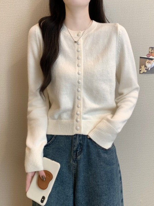 安迪绒春秋新款洋气圆领针织开衫外套女宽松薄款休闲气质上衣毛衣|undefined