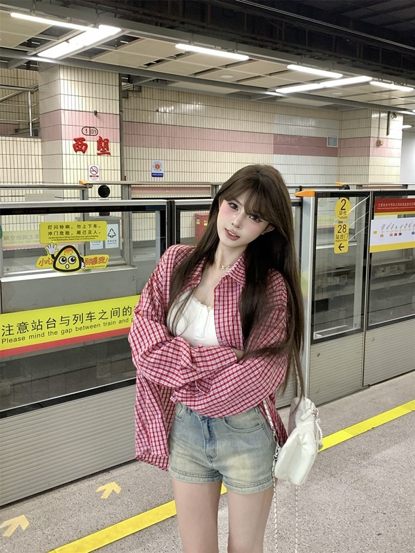 复古红色格子衬衫女装早秋慵懒风长袖POLO领衬衣宽松休闲开衫上衣|undefined