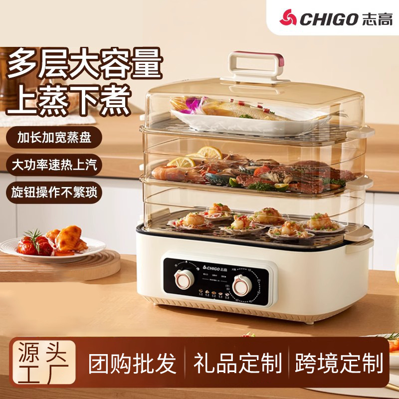 Three-Layer Electric Steamer for Home Use, Multi-Layer, Large Capacity, with Adjustable Heat and Timer, Electric Hot Pot for Steaming Fish