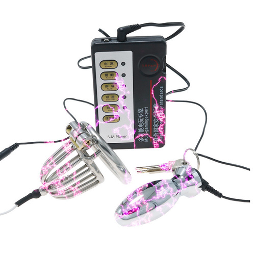 Fun electric shock chastity lock CB chastity device male Cynomorium penis cage pulse anal plug set adult fun SM