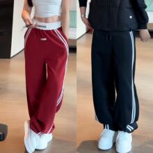 显瘦条纹潮流宽松舒适休闲裤秋冬季加绒保暖男士美式撞色条纹卫裤