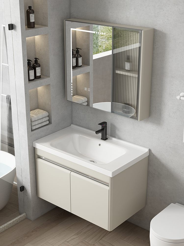 Gabinete de baño de acero inoxidable combinación de baño minimalista moderno mesa de lavado de luz de lujo de cerámica integrado lavabo cuenca gabinete