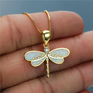 Cross-border New Fashion White Analog Opal Dragonfly Women Pendant Necklace Opal Necklace Jewelry