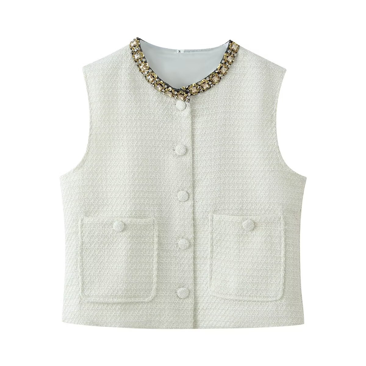 ZA comercio exterior al por mayor estilo europeo y americano moda francesa de mujer temperamento universal diamante de cuello redondo chaqueta de chaleco de viento fragante image 8