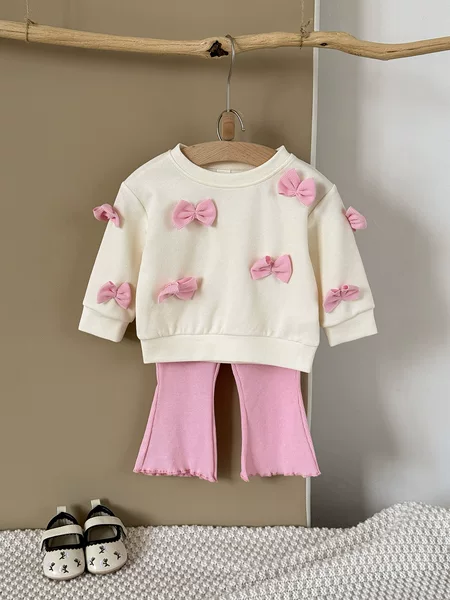 Korean Style Suit, Three-Dimensional Bow Top, Bell-Bottom Pants, Two-Piece Set, Casual Outing Clothes for Infants and Young Children, Comfortable for Baby Girls
